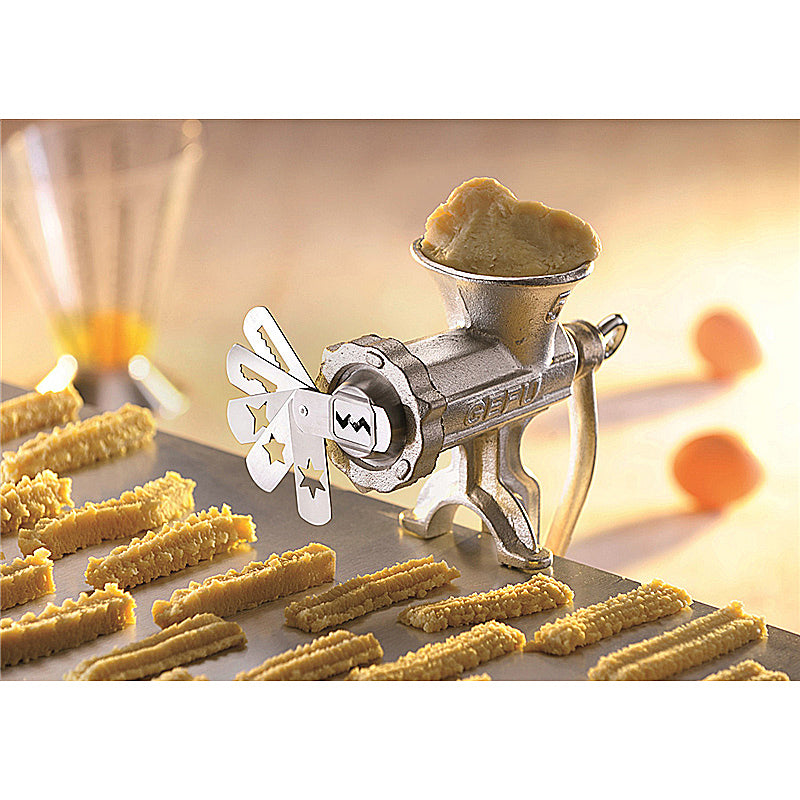 GEFU Set 14700 mit Spritzgebäckvorsatz Set bestehend aus: Art.-Nr. 14700 Fleischwolf Gr. 5 Spritzgebäckvorsatz Gr. 5 Edelstahl