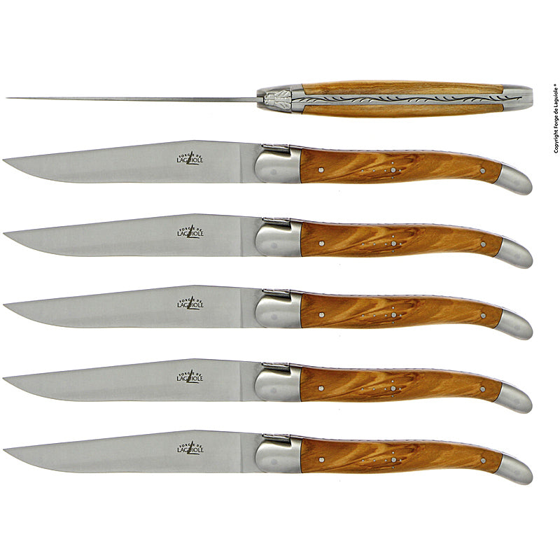 Forge de Laguiole 6 Tafelmesser Inox 2 Mitres Olivenholz matt Klinge Inox Standard