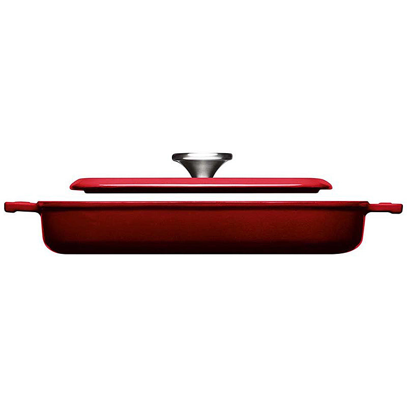 Woll Guss-Steakpfanne, viereckig, mit Rillen, inkl. Steakpresse und Silikongriffen - 24x24 cm, Ror 624-2CI-010 Chili Red