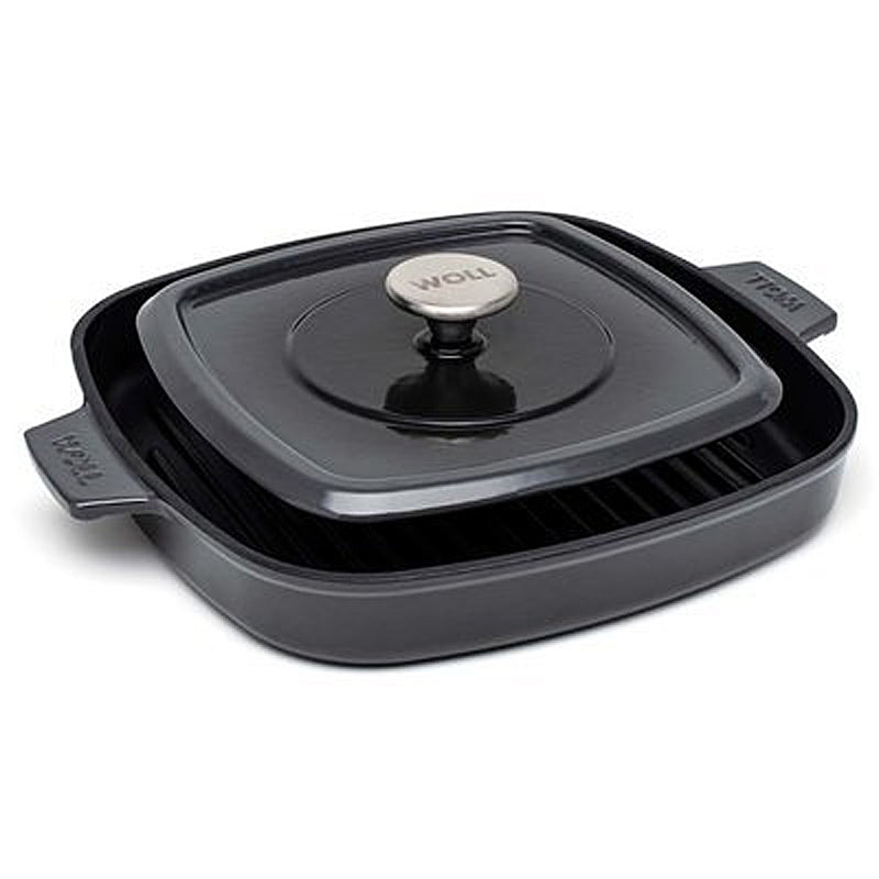 Woll Guss-Steakpfanne, viereckig, mit Rillen, inkl. Steakpresse und Silikongriffen - 24x24 cm, 624-2CI-030 Carbon Grey