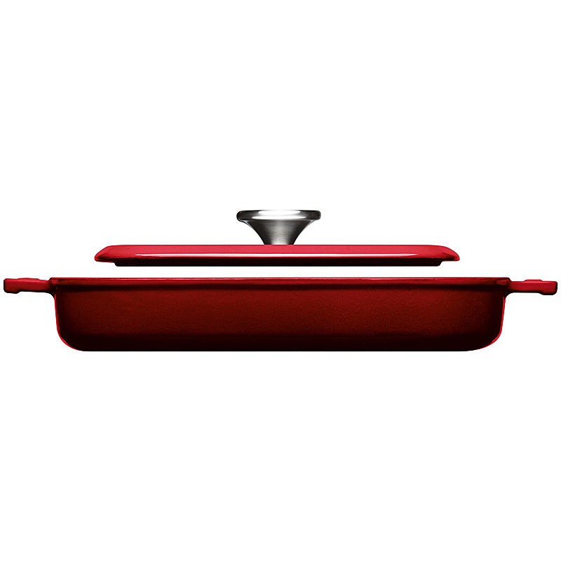 Woll Steakpfanne 28x28cm Gusseisen Silikongriffschutz mit Steakpresse 628-2CI-010 Chili Red