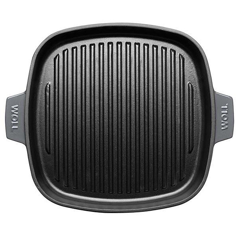 Woll Steakpfanne 28x28cm Gusseisen Silikongriffschutz mit Steakpresse 628-2CI-030 Carbon Grey