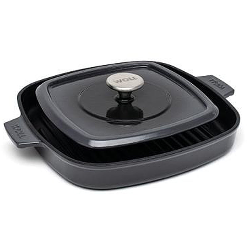 Woll Steakpfanne 28x28cm Gusseisen Silikongriffschutz mit Steakpresse 628-2CI-030 Carbon Grey