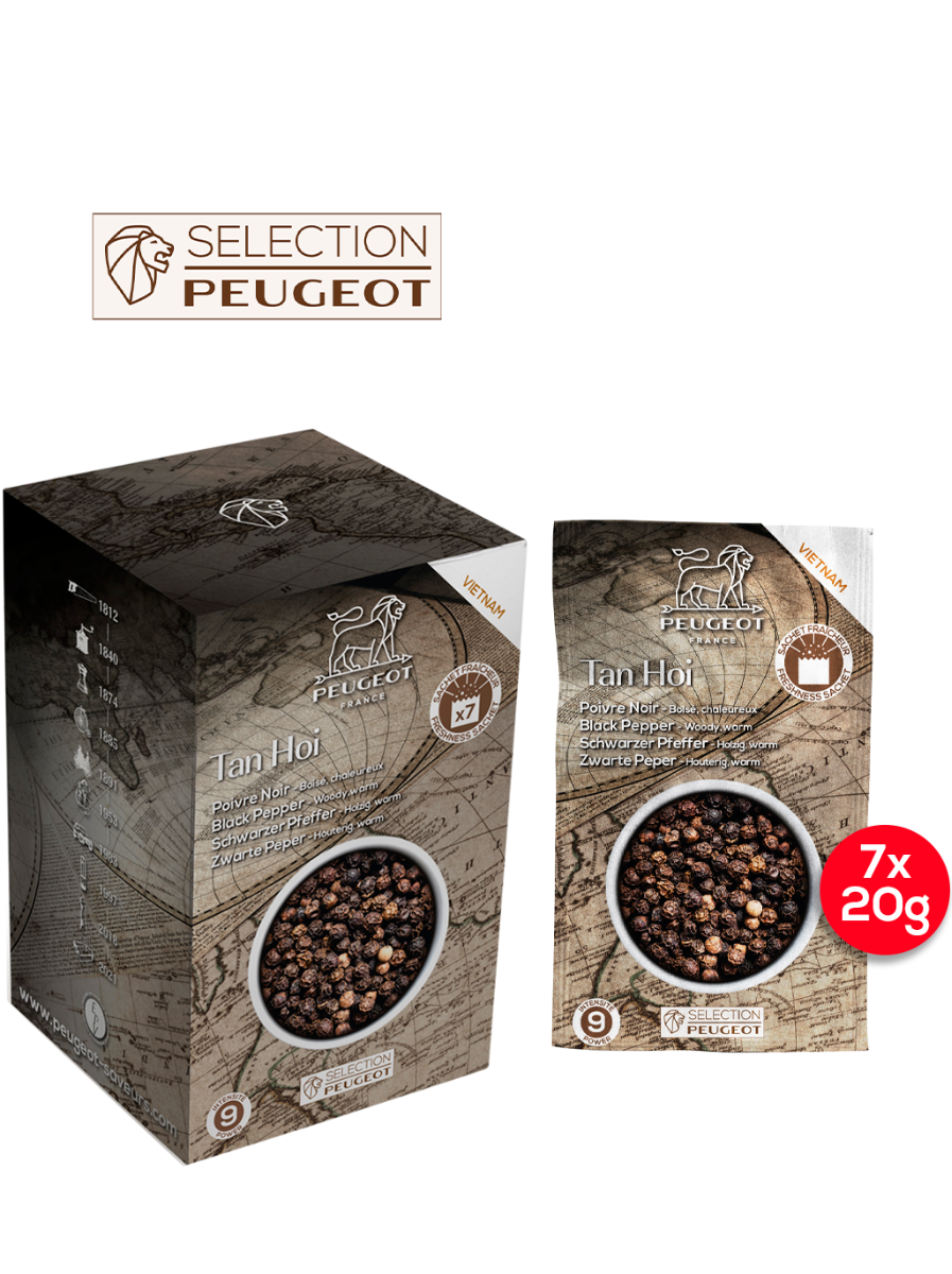 Peugeot Tan Hoi schwarzer Pfeffer 140 g – Schachtel und Frischebeutel