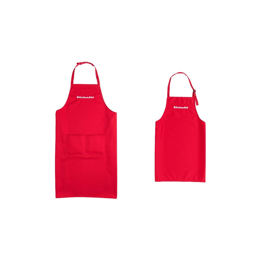 KitchenAid Family Back-Set: rote Schürzen in Erwachsenen- und Kindergröße mit KitchenAid-Schriftzug