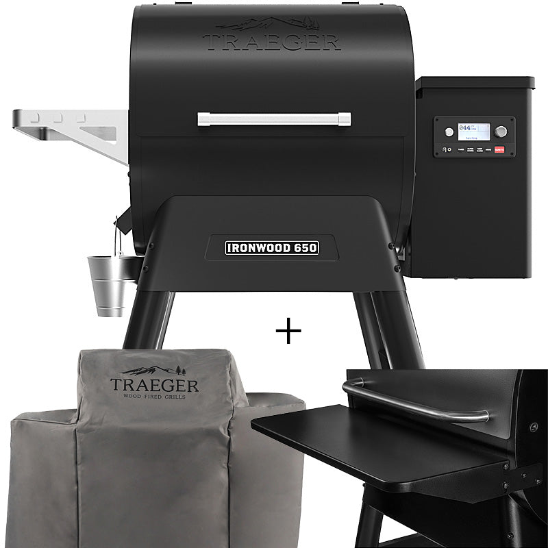 Traeger IRONWOOD 650 - SCHWARZ Pellet Grill im Set Schutzhülle & Frontablage
