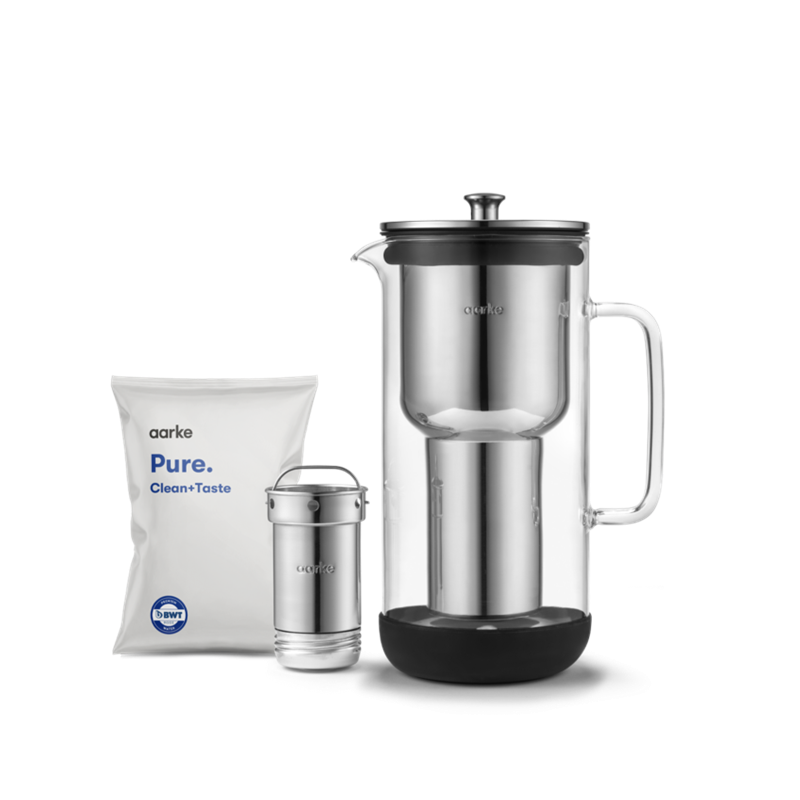 Aarke Purifier Wasserfilter Kanne aus Glas und Edelstahl 2,36 Liter