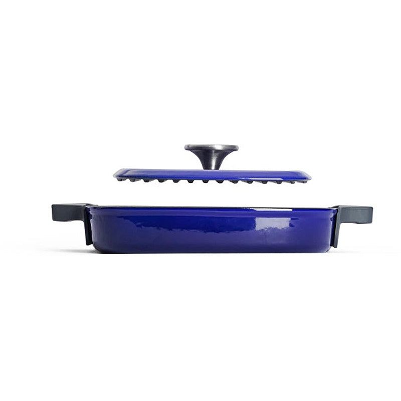 Woll cast iron steak pan, square, with grooves, including steak press and silicone handles - 24 x 24 cm, 624-2CI-020 Cobalt Blue