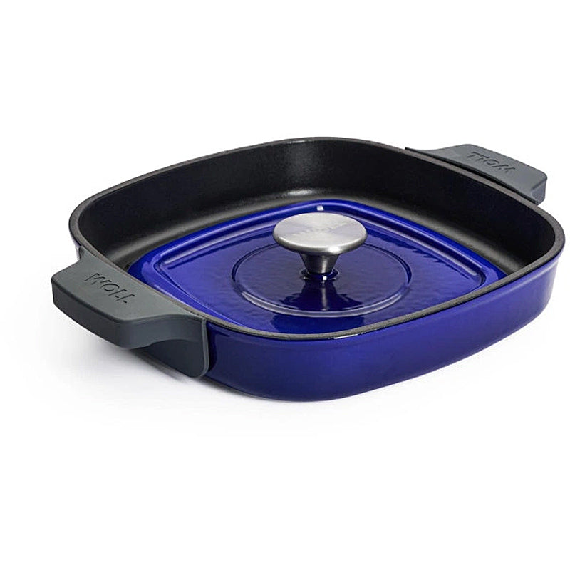 WOLL Guss-Steakpfanne, viereckig, mit Rillen, inkl. Steakpresse und Silikongriffen - 24x24 cm, Cobalt Blue 624-2CI-020