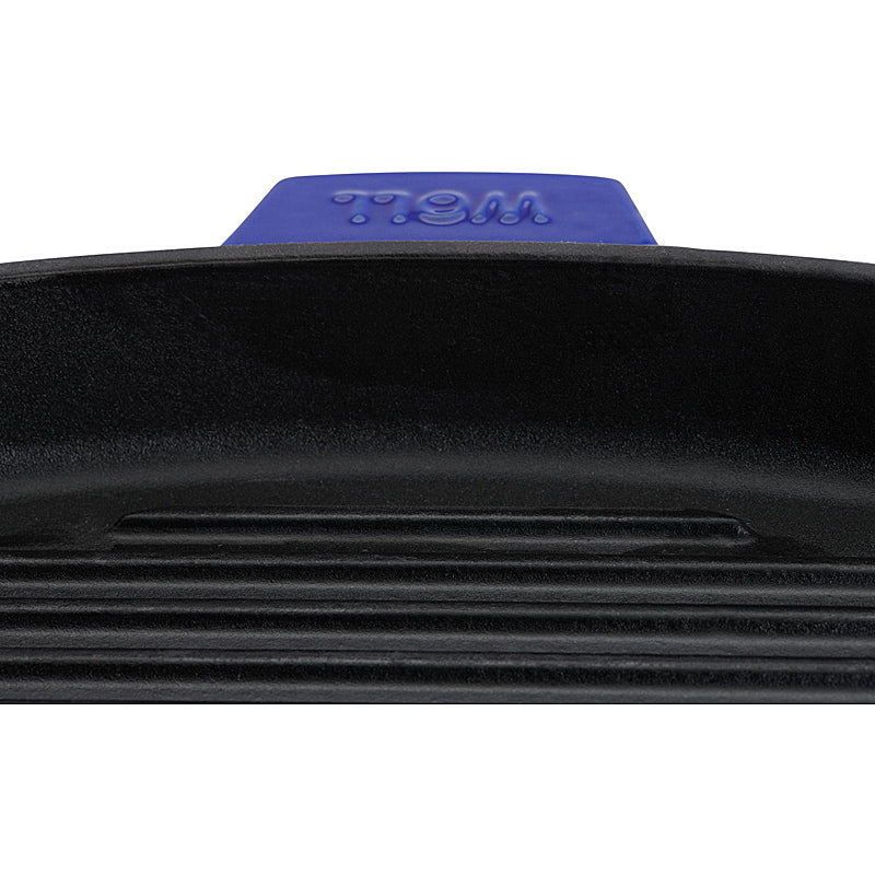 WOLL Guss-Steakpfanne, viereckig, mit Rillen, inkl. Steakpresse und Silikongriffen - 24x24 cm, Cobalt Blue 624-2CI-020