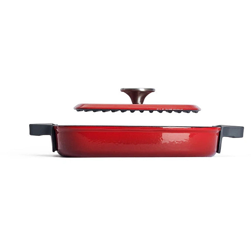 Woll cast-iron steak pan, square, with grooves, including steak press and silicone handles - 24 x 24 cm, Ror 624-2CI-010 Chili Red