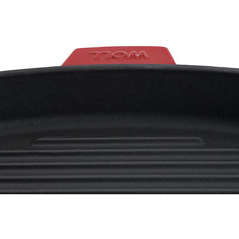 WOLL Guss-Steakpfanne, viereckig, mit Rillen, inkl. Steakpresse und Silikongriffen - 24x24 cm, Chili Red 624-2CI-010