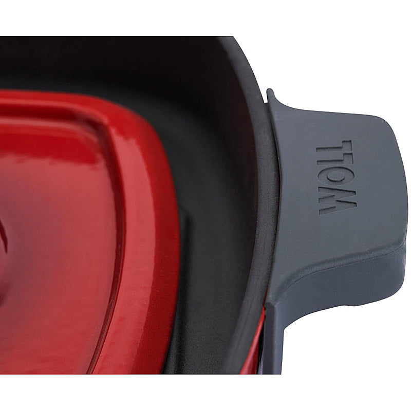 WOLL Guss-Steakpfanne, viereckig, mit Rillen, inkl. Steakpresse und Silikongriffen - 24x24 cm, Chili Red 624-2CI-010