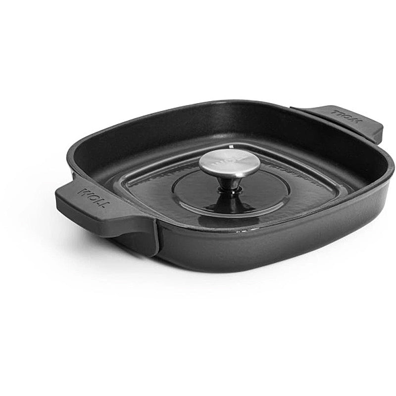 WOLL Guss-Steakpfanne, viereckig, mit Rillen, inkl. Steakpresse und Silikongriffen - 24x24 cm, Carbon Grey 624-2CI-030