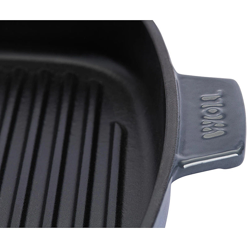 WOLL Guss-Steakpfanne, viereckig, mit Rillen, inkl. Steakpresse und Silikongriffen - 24x24 cm, Carbon Grey 624-2CI-030