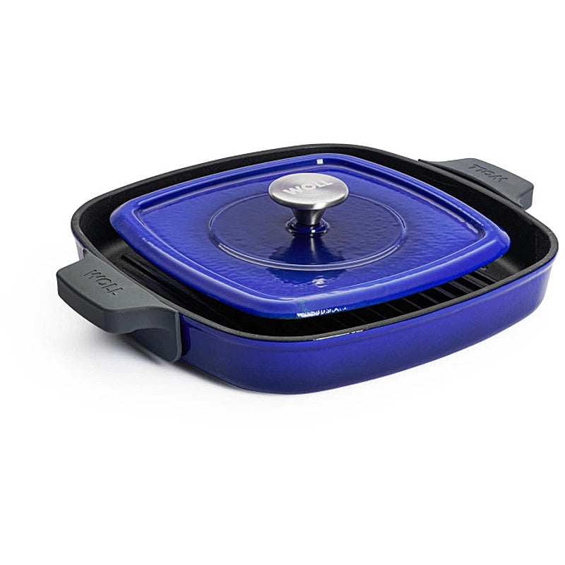 Woll Steak Pan 28x28cm Cast Iron Silicone Handle Protector with Steak Press 628-2CI-020 Cobalt Blue