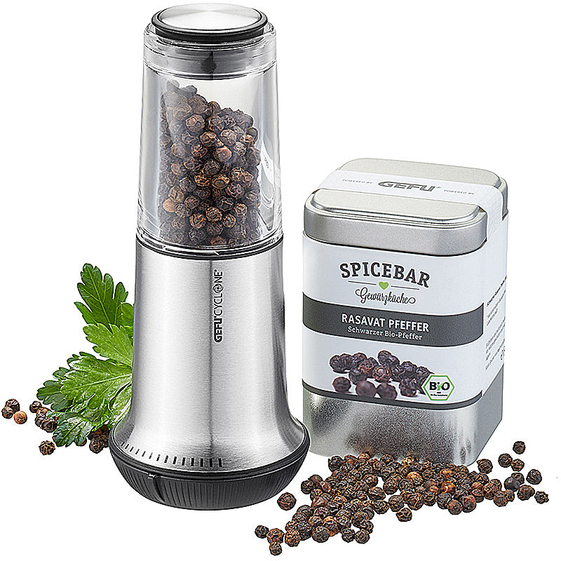 Gefu Set: Salz- oder Pfeffermühle X-PLOSION®, M + SPICEBAR Rasavat Pfeffer, ganz, bio Inhalt 80 g 00188