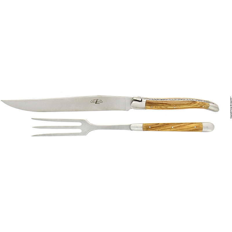 Forge de Laguiole Tranchierbesteck (Messer und Gabel) kleines Modell Inox 2 Mitres Olivenholz matt
