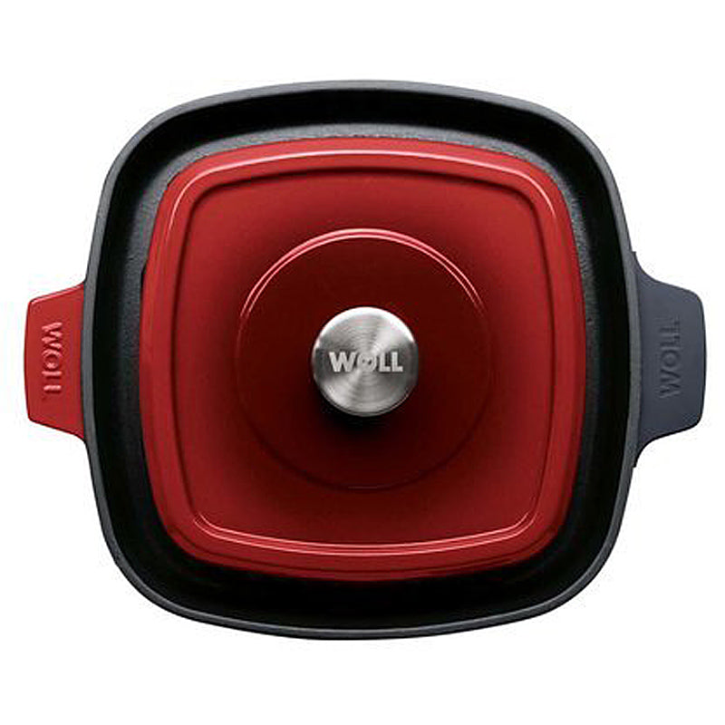Woll Guss-Steakpfanne, viereckig, mit Rillen, inkl. Steakpresse und Silikongriffen - 24x24 cm, Ror 624-2CI-010 Chili Red