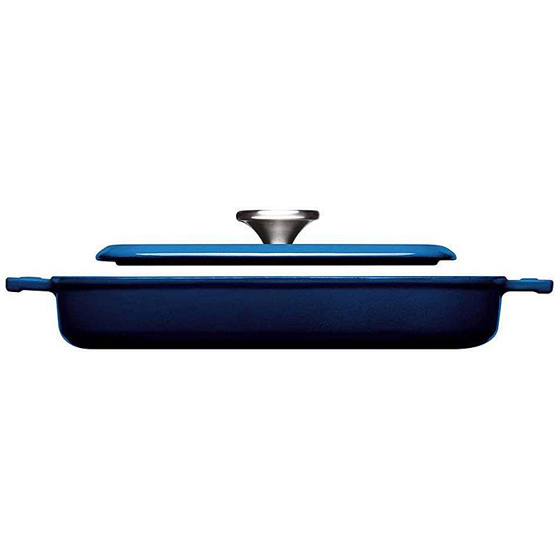 Woll Guss-Steakpfanne, viereckig, mit Rillen, inkl. Steakpresse und Silikongriffen - 24x24 cm, 624-2CI-020 Cobalt Blue
