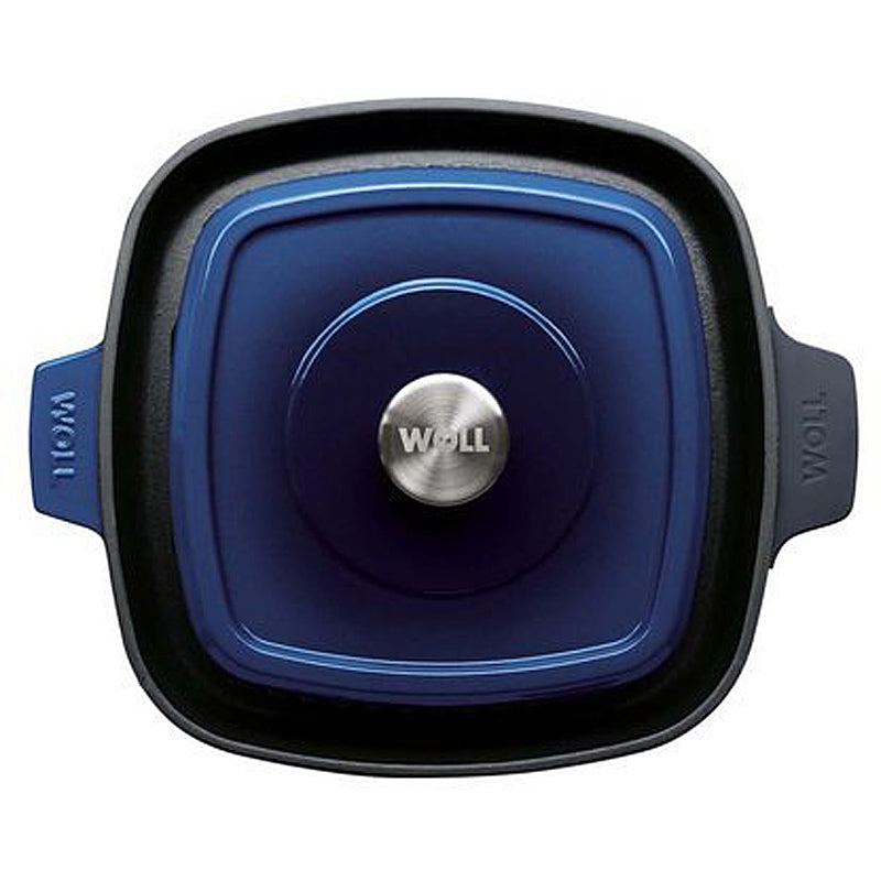 Woll Guss-Steakpfanne, viereckig, mit Rillen, inkl. Steakpresse und Silikongriffen - 24x24 cm, 624-2CI-020 Cobalt Blue