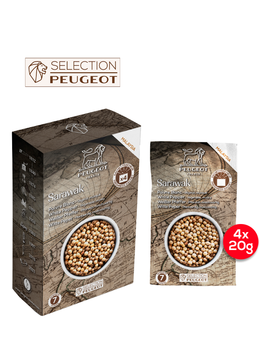 Peugeot Sarawak weißer Pfeffer 80 g – Schachtel und Frischebeutel