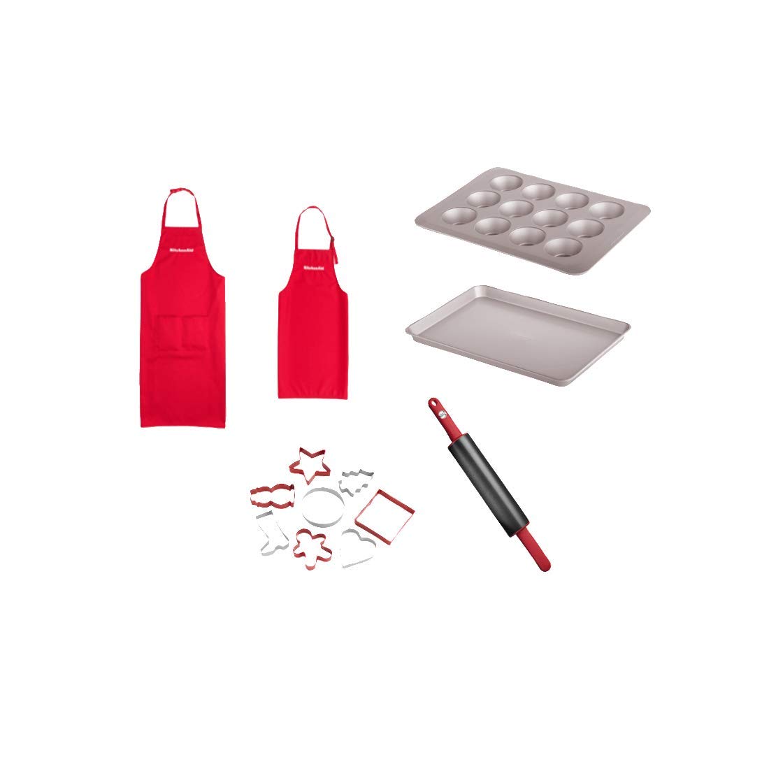 KitchenAid Family Back-Set 5KFAMILYSET: zwei rote Schürzen, Muffinform, Backblech, Teigrolle und 8 Ausstechformen