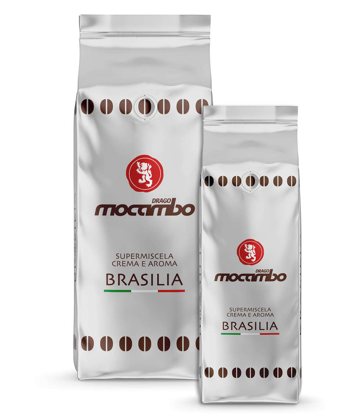 Drago mocambo Caffè Brasilia 250 g und 1 kg Packung im Größenvergleich