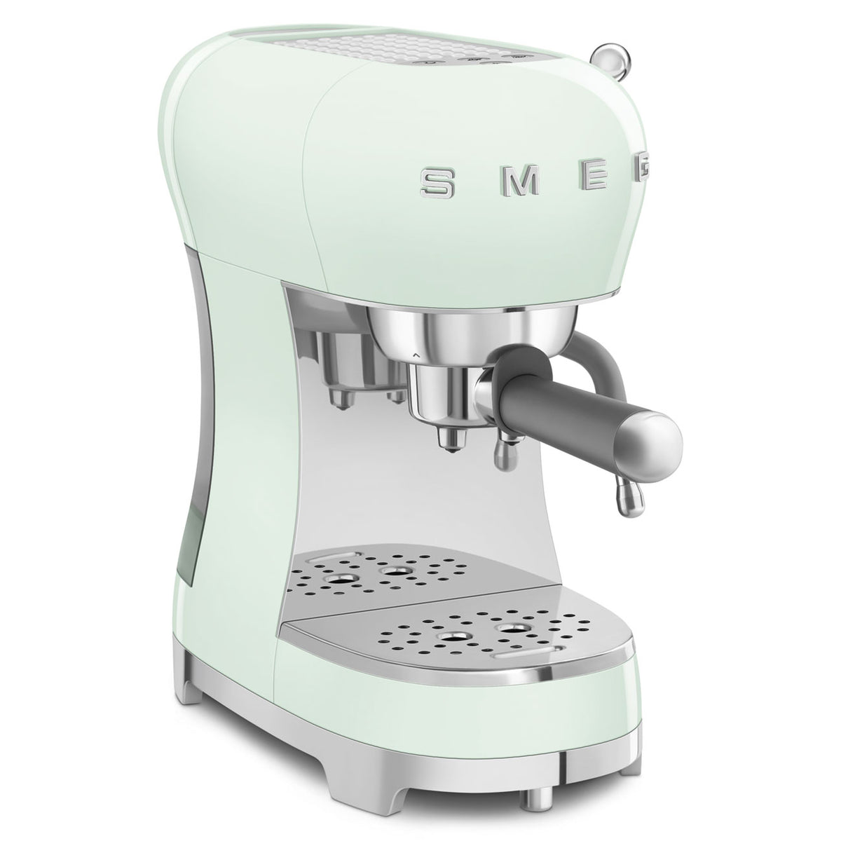 SMEG ECF02PGEU Espressomaschine Pastellgrün Schrägansicht mit Siebträger