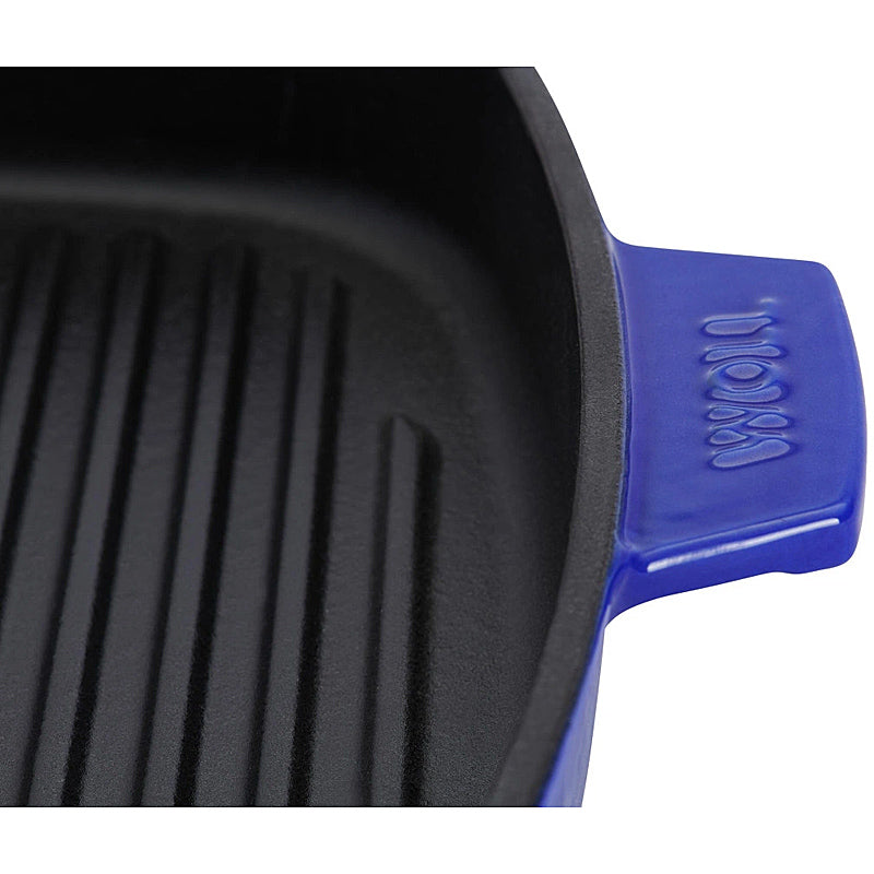 WOLL Guss-Steakpfanne, viereckig, mit Rillen, inkl. Steakpresse und Silikongriffen - 24x24 cm, Cobalt Blue 624-2CI-020