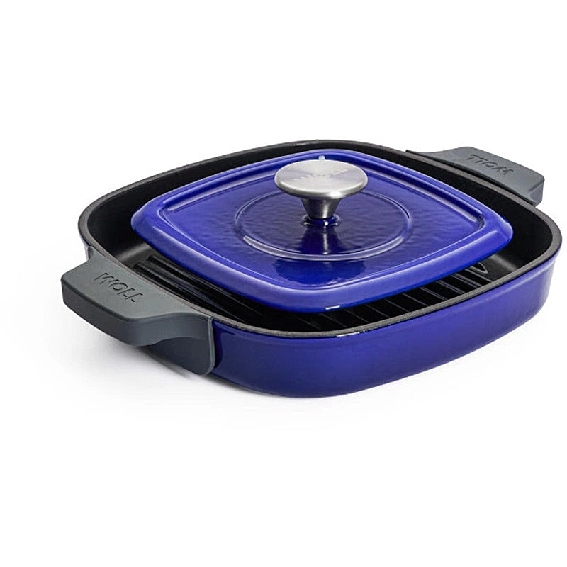 Woll cast iron steak pan, square, with grooves, including steak press and silicone handles - 24 x 24 cm, 624-2CI-020 Cobalt Blue