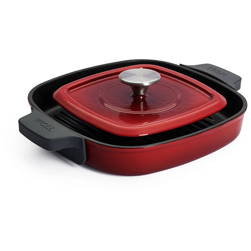 Woll steak pan 28x28cm cast iron silicone handle protection with steak press 628-2CI-010 Chili Red
