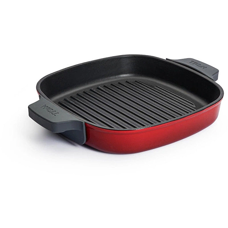 WOLL Guss-Steakpfanne, viereckig, mit Rillen, inkl. Steakpresse und Silikongriffen - 24x24 cm, Chili Red 624-2CI-010