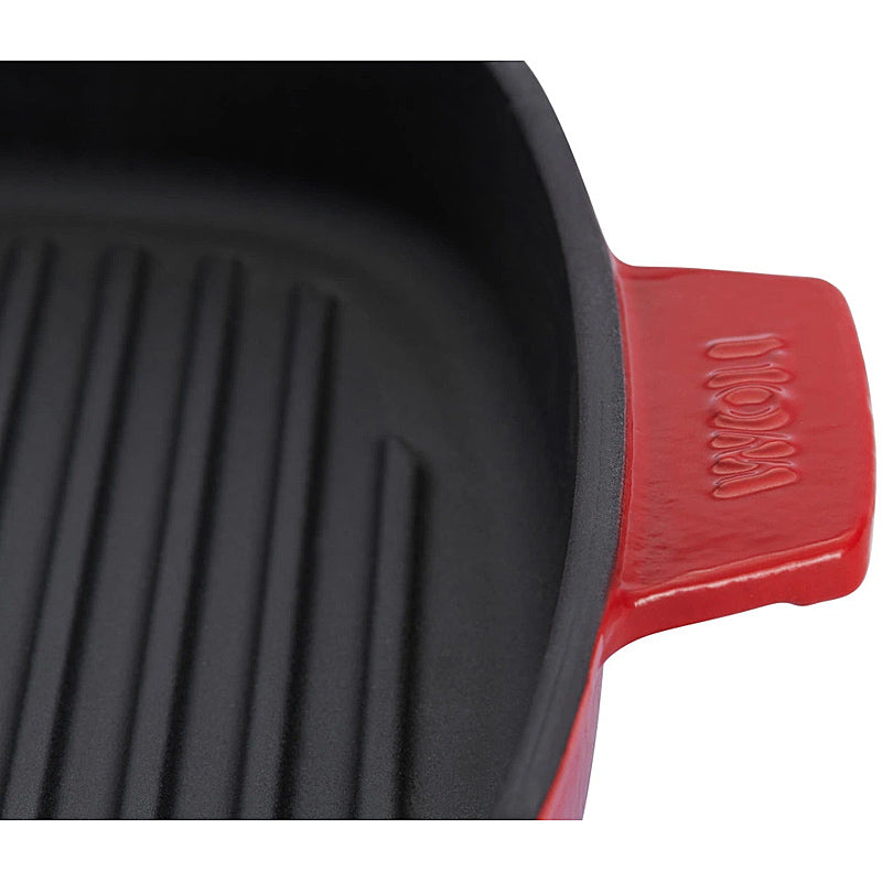 WOLL Steakpfanne 28x28cm Gusseisen Silikongriffschutz mit Steakpresse 628-2CI-010 Chili Red