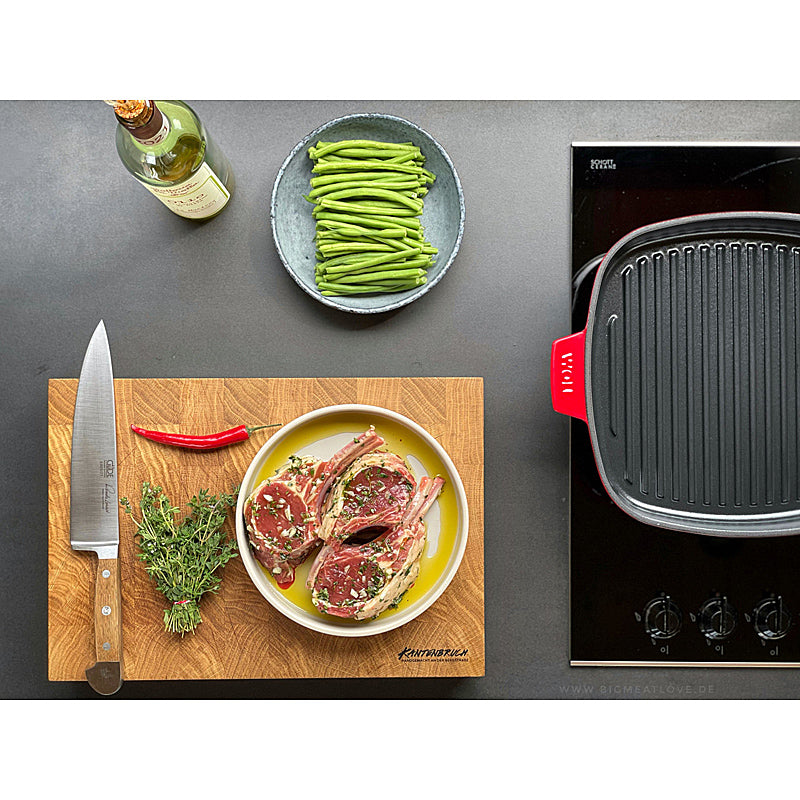 WOLL Guss-Steakpfanne, viereckig, mit Rillen, inkl. Steakpresse und Silikongriffen - 24x24 cm, Chili Red 624-2CI-010