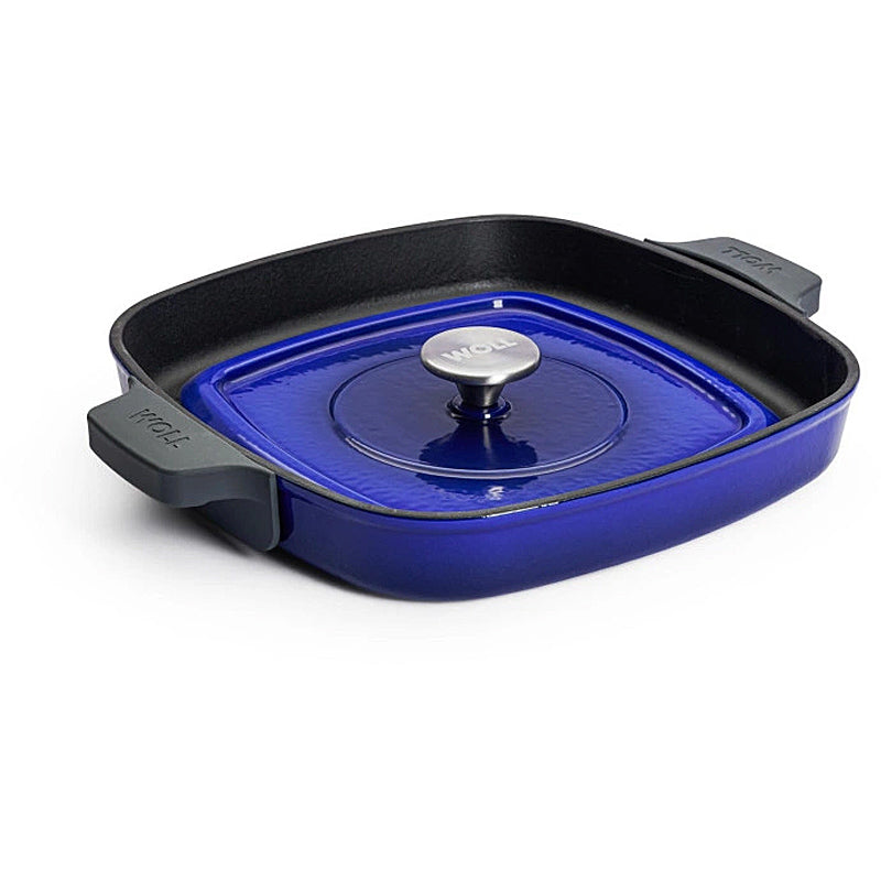 WOLL Steakpfanne 28x28cm Gusseisen Silikongriffschutz mit Steakpresse 628-2CI-020 Cobalt Blue
