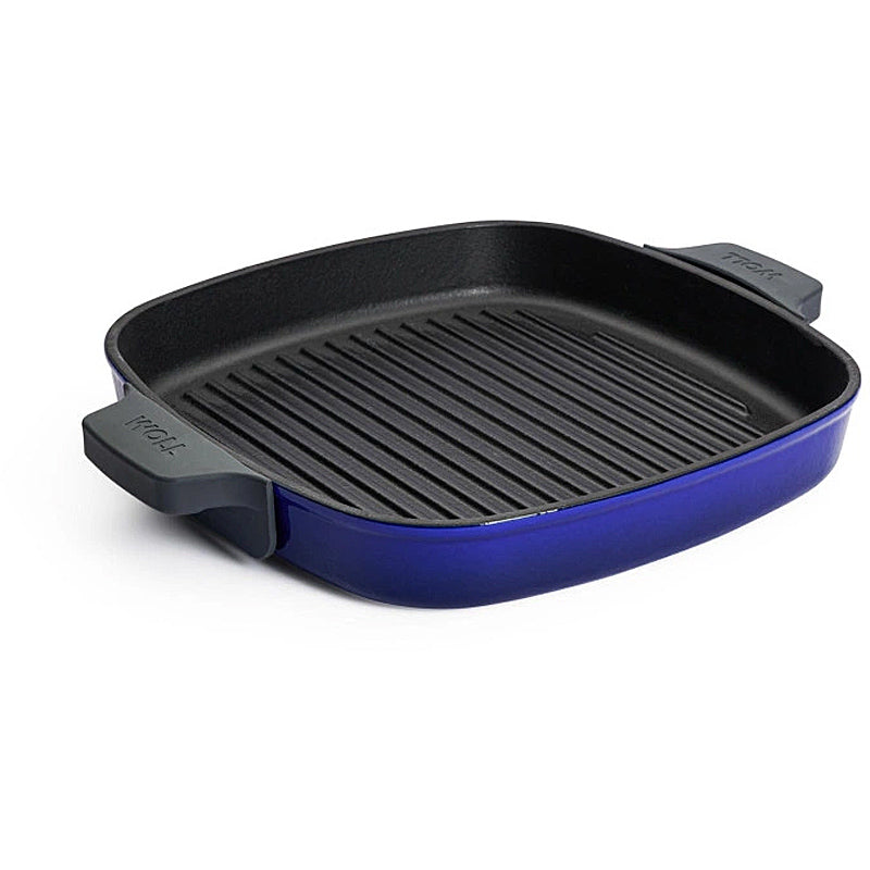 WOLL Steakpfanne 28x28cm Gusseisen Silikongriffschutz mit Steakpresse 628-2CI-020 Cobalt Blue