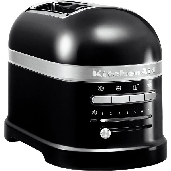 KitchenAid 5KMT2204EOB Toaster 2-Scheiben ARTISAN Farbe onxy schwarz incl. Sandwichzange - Der Toaster in einer spezifischen Farbe, abgebildet auf einer modernen K&uuml;chenarbeitsplatte.