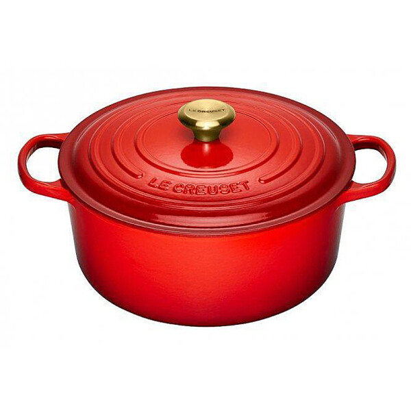 Le Creuset BR&Auml;TER RUND Signature 28cm Kirschrot goldener Deckelknauf